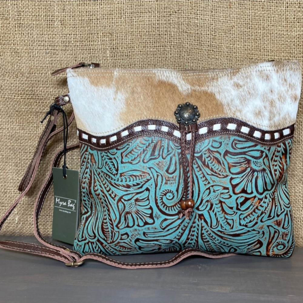 Myra Bag Brown Hair-on Cowhide and Turquoise Tooled Leather Shoulder Bag - Picture 4 of 11